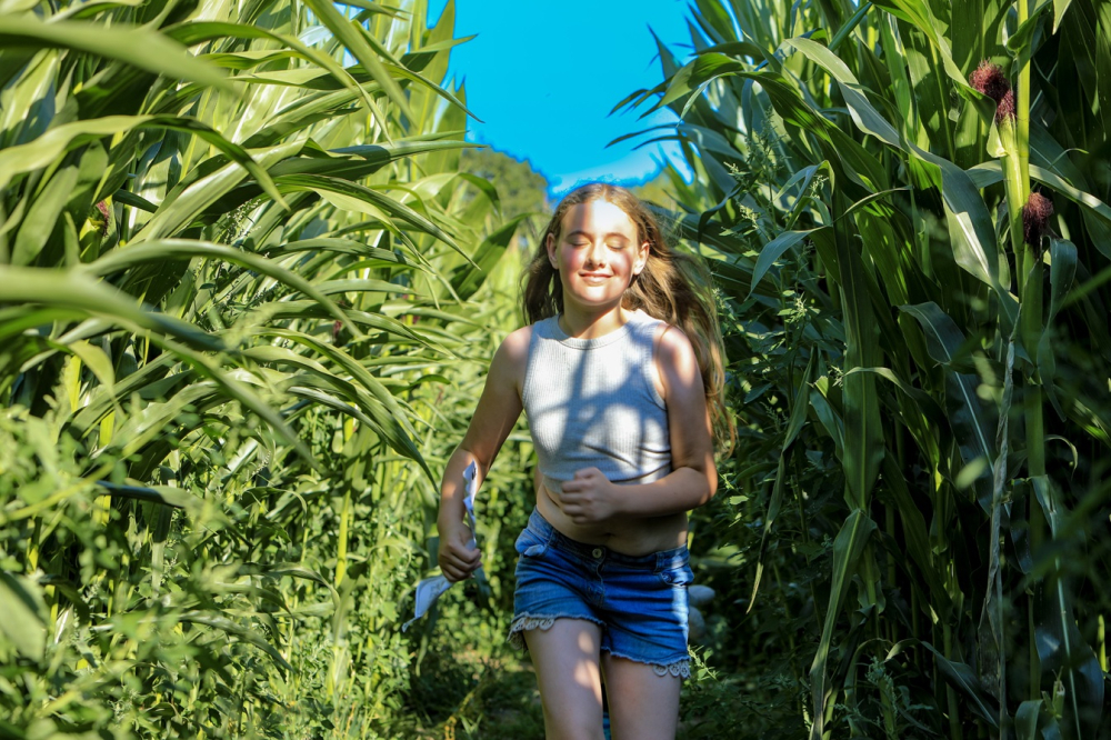 Girl running through maize maze at LDF